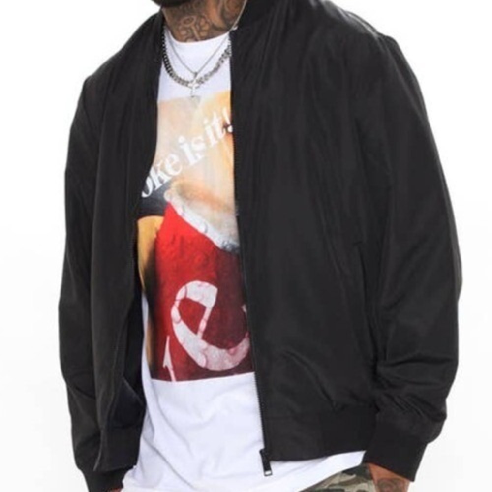 Fashion Nova Eddie Bomber Jacket Mens Medium Black Ribbed Trim Zip Pockets NWT‎